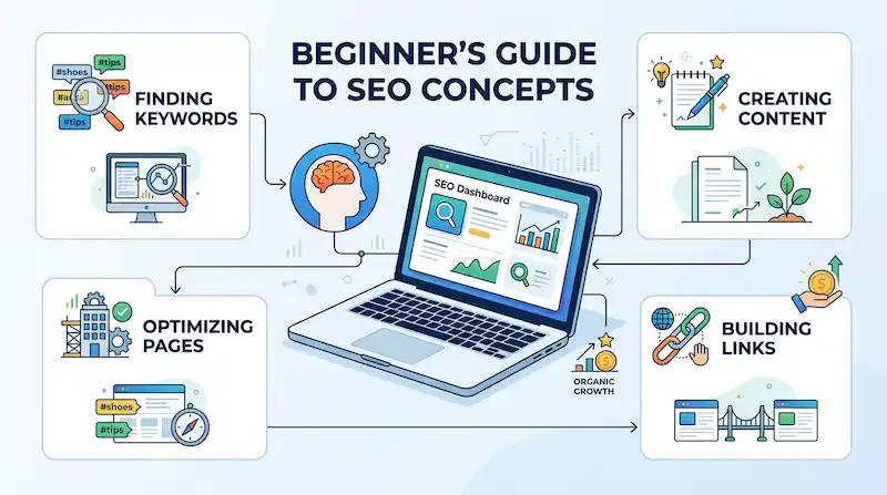 Beginner Learning Seo Concepts On A Laptop
