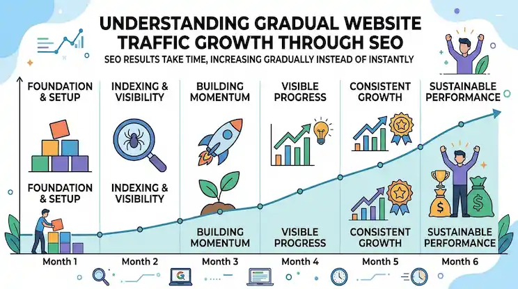 A Line Graph Showing Slow But Steady Website Traffic Growth Over Several Months, Illustrating How Seo Results Increase Gradually Over Time Instead Of Instantly.