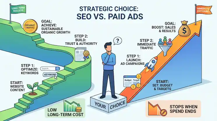 An Illustration Of A Person Choosing Between Seo And Paid Ads, With One Side Showing Long-Term Organic Growth And The Other Showing Instant But Temporary Paid Traffic.
